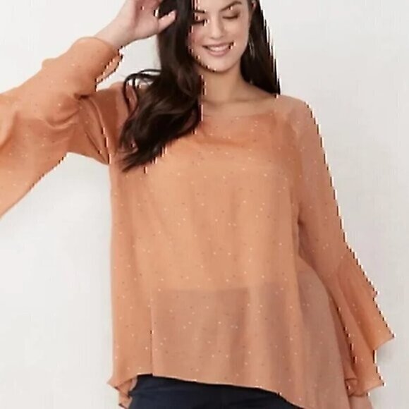 LC LAUREN CONRAD Plus Size Slit Back Mini Heart Blouse Orange Bell Sleeve Boho - Picture 1 of 12